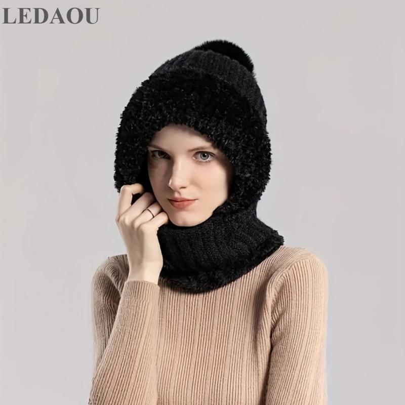 LEDAOU Women's Knitted Hat In Autumn And Winter, Cold Resistant Hat, Thickened With Fleece, Scarf Mask, One-piece Warm Hat, Outdoor Cycling Hat