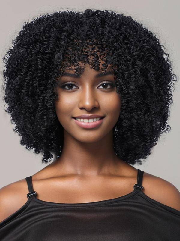 12 Inch Short Afro Kinky Curly Wigs with Khaki Highlight, Gorgeous Fluffy Wigs without Bangs, Synthetic Wigs for Party, Daily Use