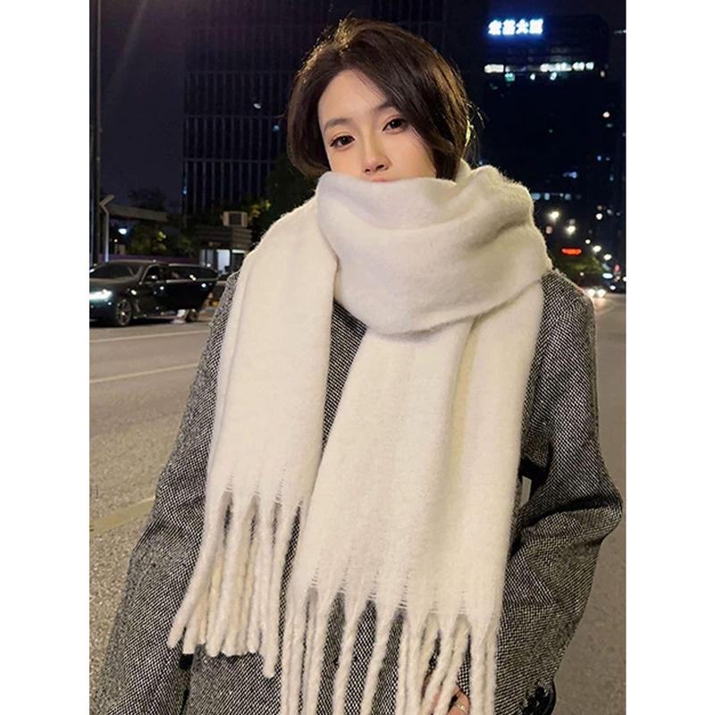 1pc Solid Color Scarf, Winter Warm Neck, Thickened Wool Knitted Thick Fringed Shawl, Can Be Worn