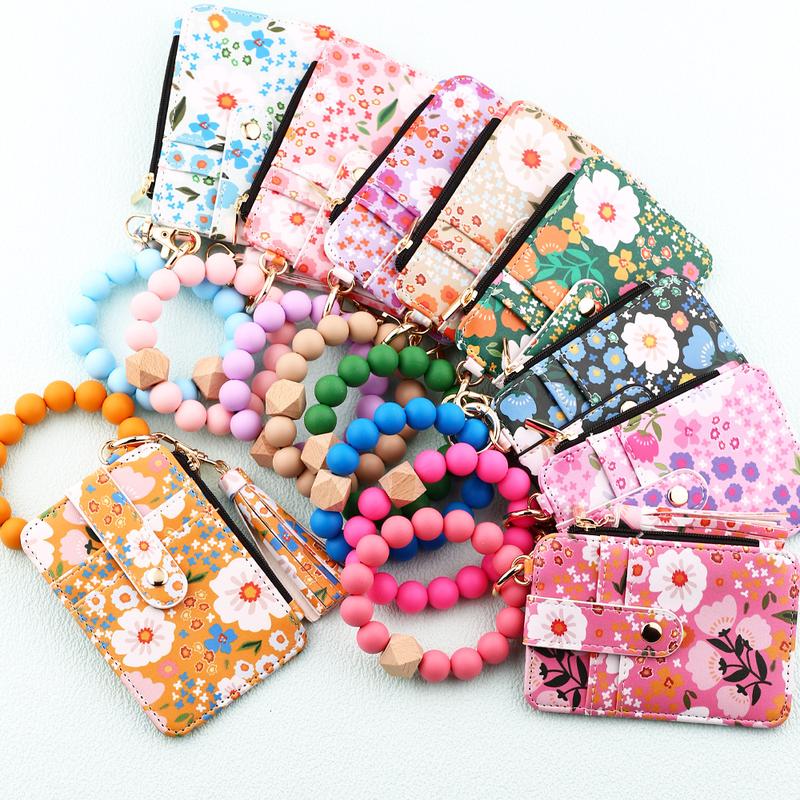 Women's Boho Style Beaded & Tassel Decorated Keychain with Flower Pattern Wallet Boho Wristlet Keychain Wallet Silicone Beaded Tassel Keychain Wallets