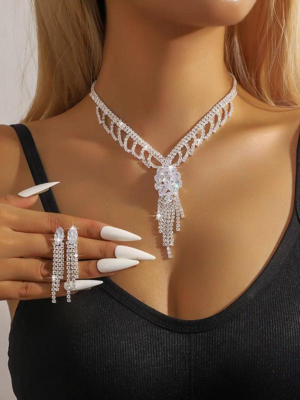 Women's Elegant Rhinestone Decorated Jewelry Set, Exquisite Trendy Tassel Design Necklace & Bracelet & Dangle Earrings, Chic Jewelry Set for Party Decoration