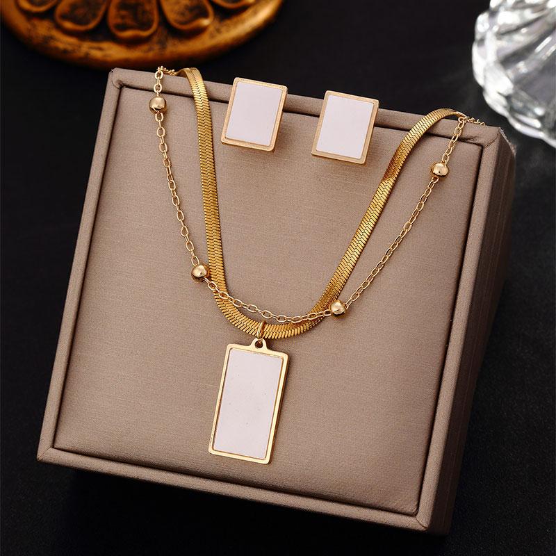 Luxury Stainless Steel Multi-layer Geometric Square Pendant Necklace Earrings for Women Girl Snake Bone Fat Chain Jewelry Set