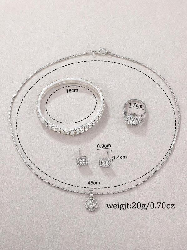 Round Dial Rhinestone Decor Quartz Watch & Bracelet & Necklace & Ring & Earring Set, without Box, Trendy Exquisite Iced Out Luxury Watch Set As Gift for Women for Back To School Gift