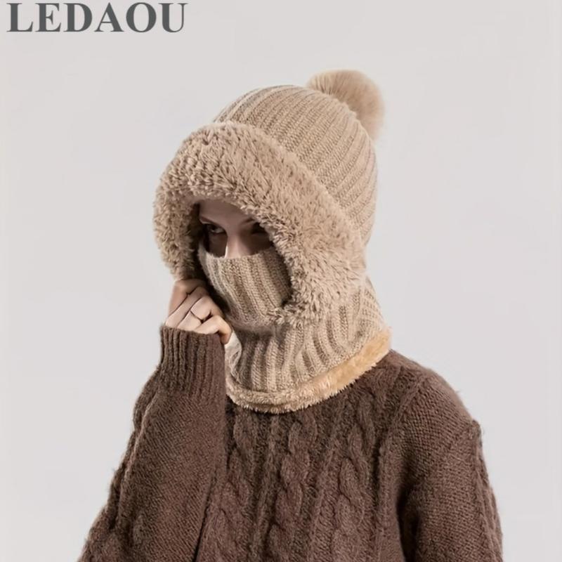 LEDAOU Women's Knitted Hat In Autumn And Winter, Cold Resistant Hat, Thickened With Fleece, Scarf Mask, One-piece Warm Hat, Outdoor Cycling Hat