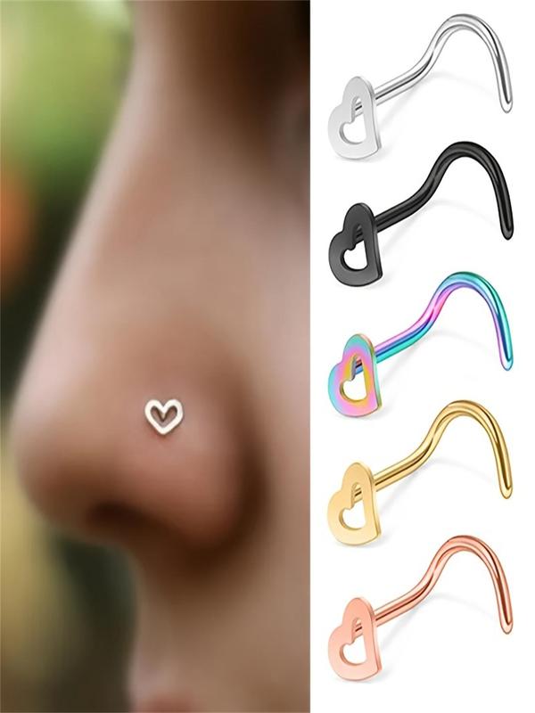 Cute Hollow out Heart Design Nose Ring As Gift for Couple, 5pcs Stainless Steel Nose Studs for Boyfriend & Girlfriend, Elegant All-match Fashion Exquisite Body Jewelry As Birthday Gifts