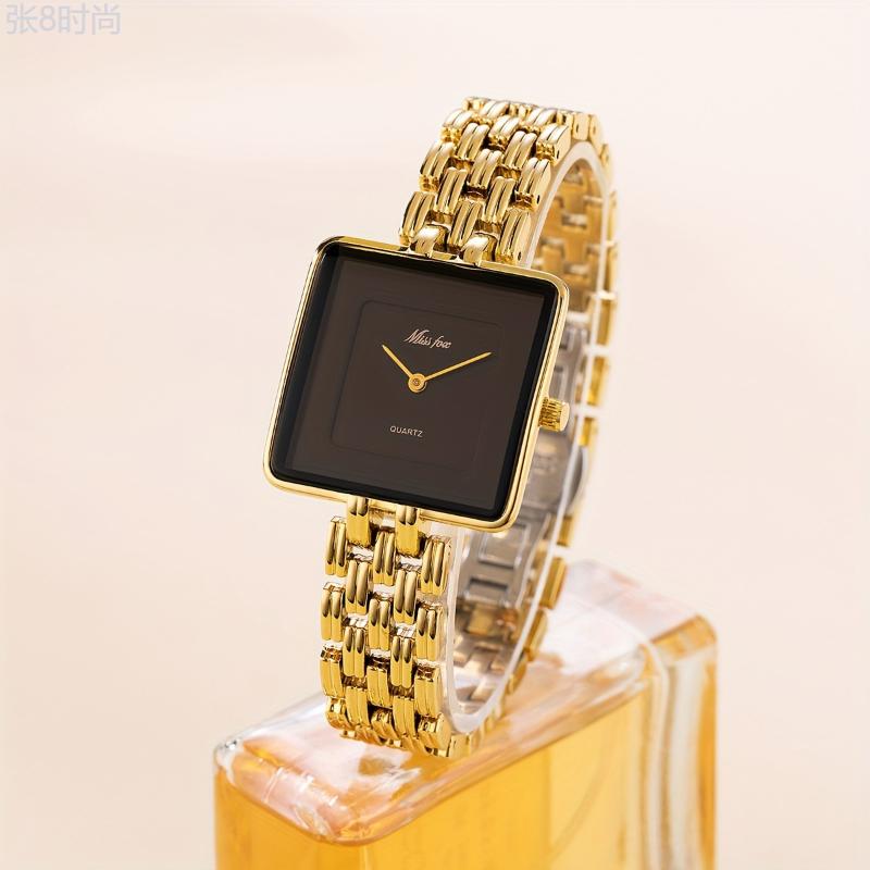 Vintage Golden Square Quartz Watch with Zinc Alloy Strap and Dial, Elegant Minimalist Fashion Accessory for Women