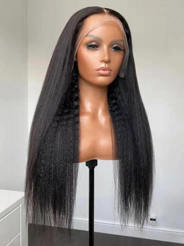 30 Inch Black Long Straight Lace Front Wig with Baby Bangs, Glueless Synthetic Wig for Daily Use, Fashion Wig for Women