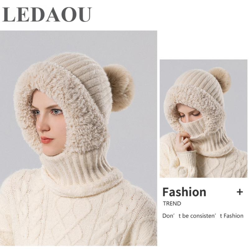 LEDAOU Women's Knitted Hat In Autumn And Winter, Cold Resistant Hat, Thickened With Fleece, Scarf Mask, One-piece Warm Hat, Outdoor Cycling Hat