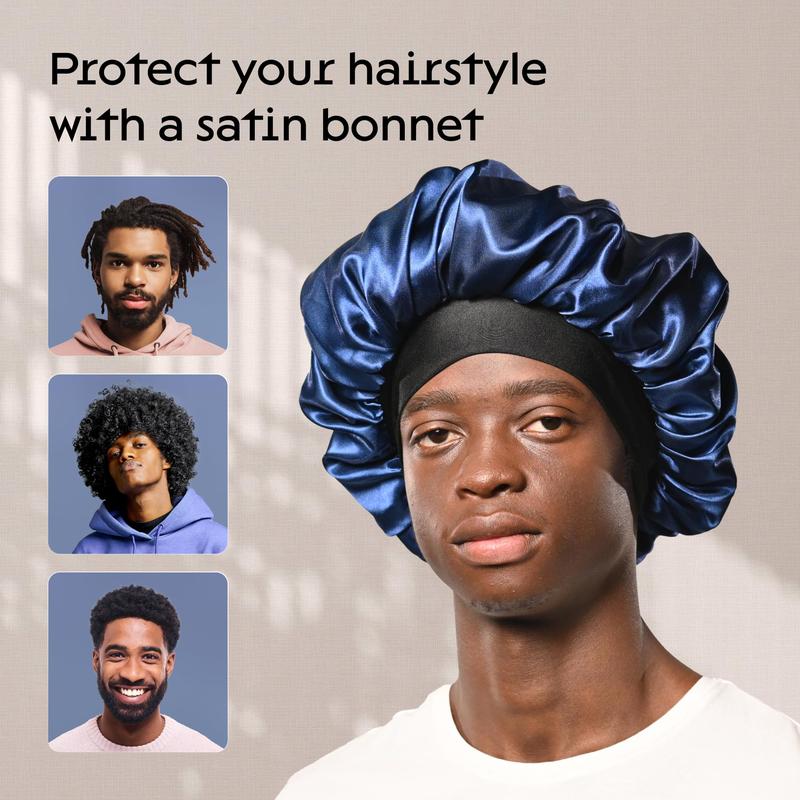 Bonnet for Men Hair Bonnet for Sleeping Double Layer Satin Bonnets for Men Women Curly Hair Braids Reversible Sleep Cap Navy