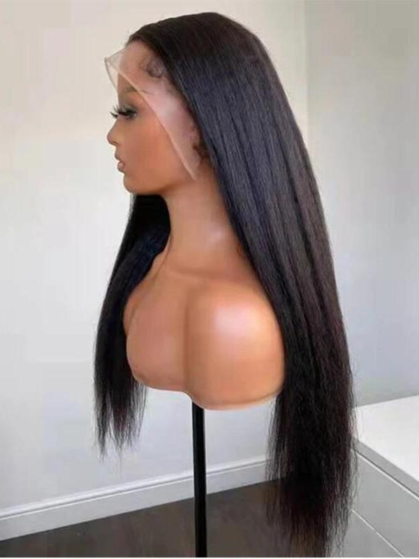 30 Inch Black Long Straight Lace Front Wig with Baby Bangs, Glueless Synthetic Wig for Daily Use, Fashion Wig for Women