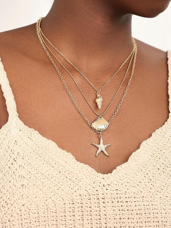 Women's Shell & Star Shaped Design Pendant Necklace, 3counts set Elegant Jewelry, All-match Fashion Accessories, Summer Matching Jewelry