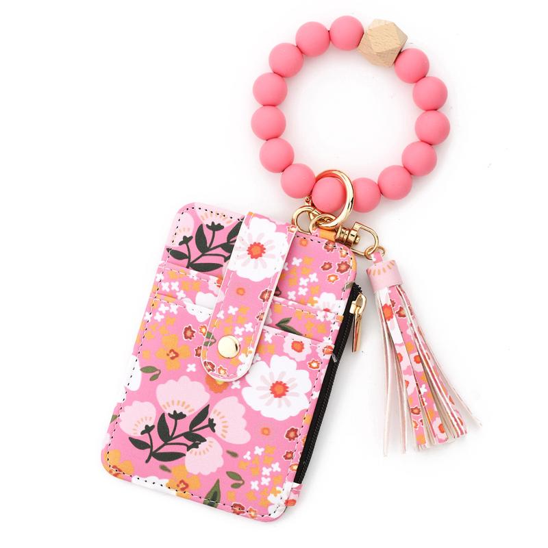 Women's Boho Style Beaded & Tassel Decorated Keychain with Flower Pattern Wallet Boho Wristlet Keychain Wallet Silicone Beaded Tassel Keychain Wallets