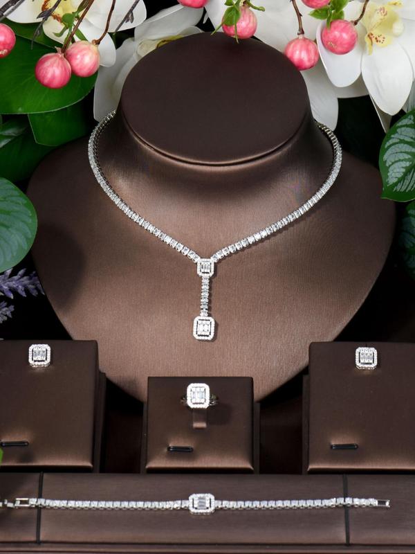 Women's Elegant Rhinestone Decorated Jewelry Set, Exquisite Trendy Necklace & Ring & Earrings & Bracelet, Chic Jewelry Set for Party & Wedding As Gift