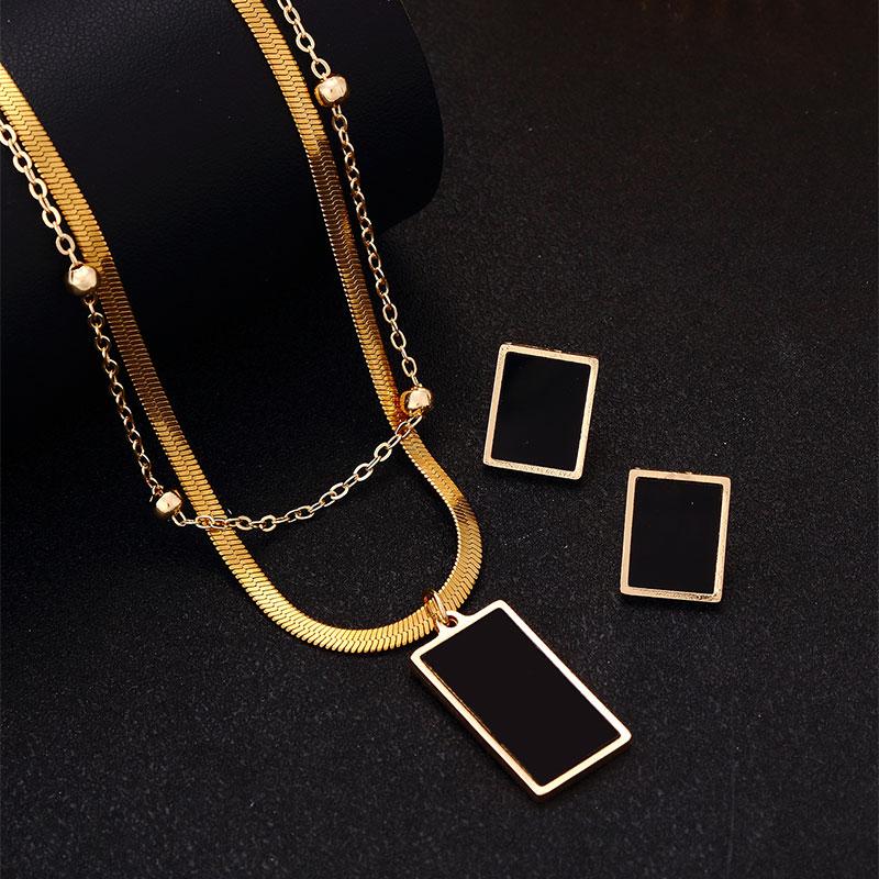 Luxury Stainless Steel Multi-layer Geometric Square Pendant Necklace Earrings for Women Girl Snake Bone Fat Chain Jewelry Set