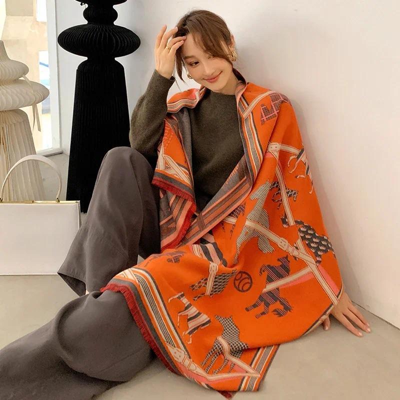 Luxury Winter Cashmere Scarf Women 2024 Design Warm Pashmina Blanket Horse Scarves Female Shawl Wraps Thick Foulard Bufanda