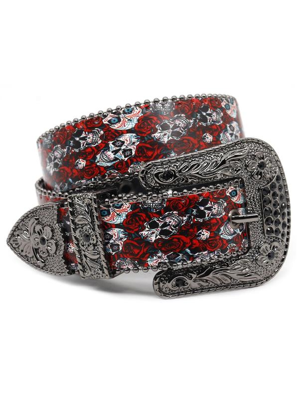 Fashion Rhinestone Decor Floral & Skull Pattern PU Buckle Belt, Punk Style Flower Design Belt for Men & Women, All-match Goth Accessories for Party, Daily Clothing Decor As Birthday Gift