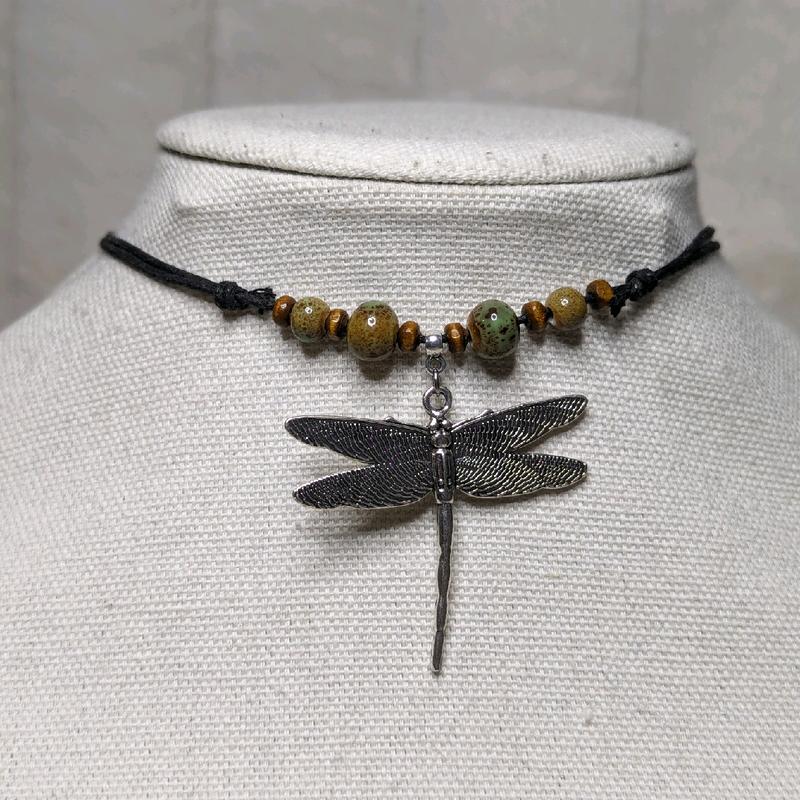 Ceramic Beaded Dragonfly Boho Hippie Whimsical Adjustable Black Rope Cord Choker Stacking Necklace