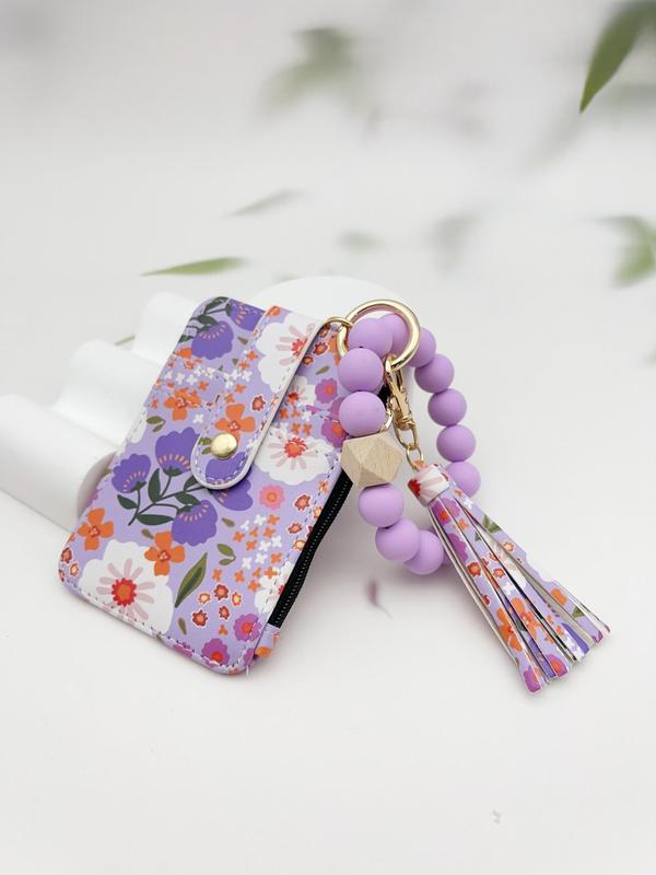 Women's Boho Style Beaded & Tassel Decorated Keychain with Flower Pattern Wallet, Cute Fall Trendy Keychain, Chic Gorgeous Keychain for Key & Bag Decor, Fall Outfits, Fall Freshness