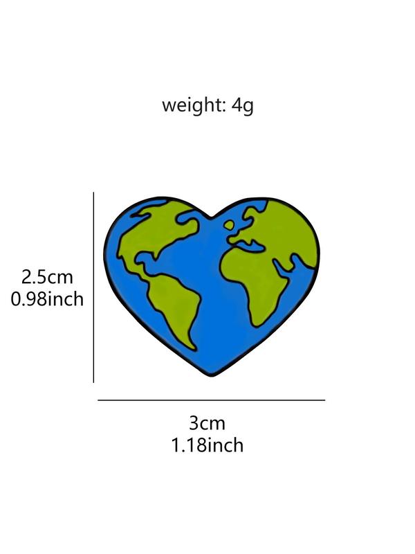 Blue Heart Shaped Alloy Brooch, Environmental Protection Creative Brooch, Earth Map Pattern Pin Badge for Clothes & Bag Decoration