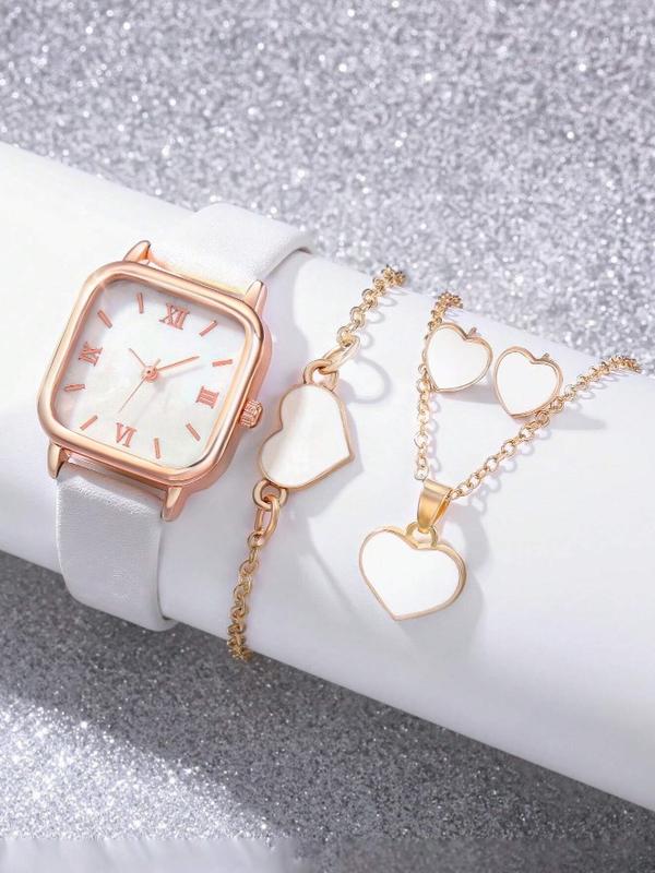 Ladies Brown PU Strap Casual Quartz Watch Set with Heart Necklace, Earrings, and Bracelet - Perfect Gift for Women