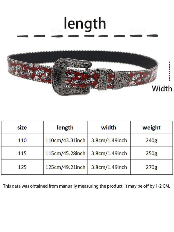 Fashion Rhinestone Decor Floral & Skull Pattern PU Buckle Belt, Punk Style Flower Design Belt for Men & Women, All-match Goth Accessories for Party, Daily Clothing Decor As Birthday Gift