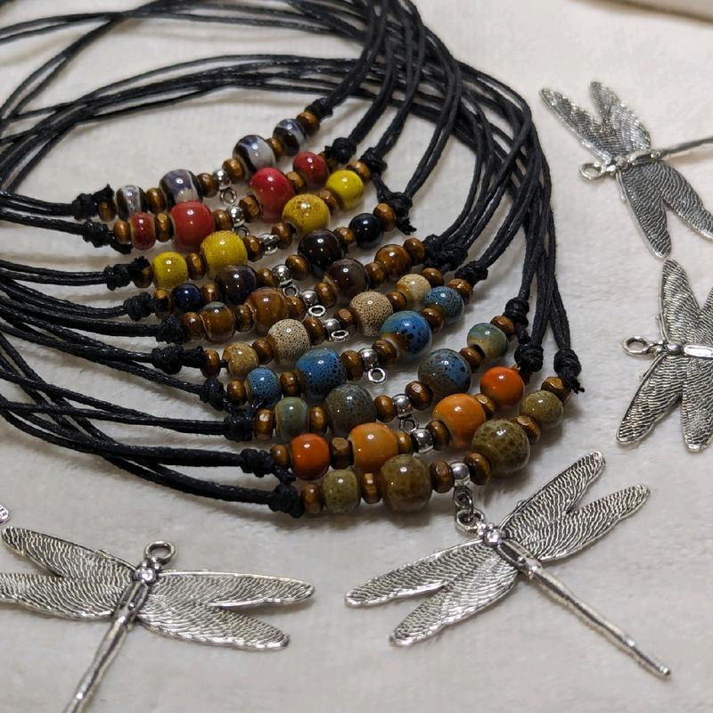 Ceramic Beaded Dragonfly Boho Hippie Whimsical Adjustable Black Rope Cord Choker Stacking Necklace