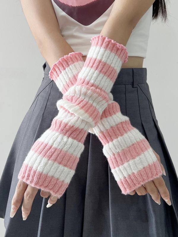 Women's Colorblock Striped Pattern Arm Warmers, Cute Warm Fingerless Gloves for Fall & Winter, Fashion Accessories for Women & Girls