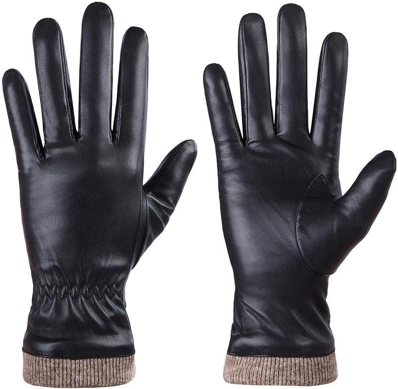 Winter Leather Gloves for Women, Wool Fleece Lined Warm Gloves, Touchscreen Texting Thick Thermal Snow Driving Gloves