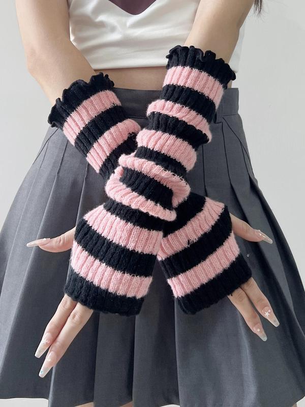 Women's Colorblock Striped Pattern Arm Warmers, Cute Warm Fingerless Gloves for Fall & Winter, Fashion Accessories for Women & Girls