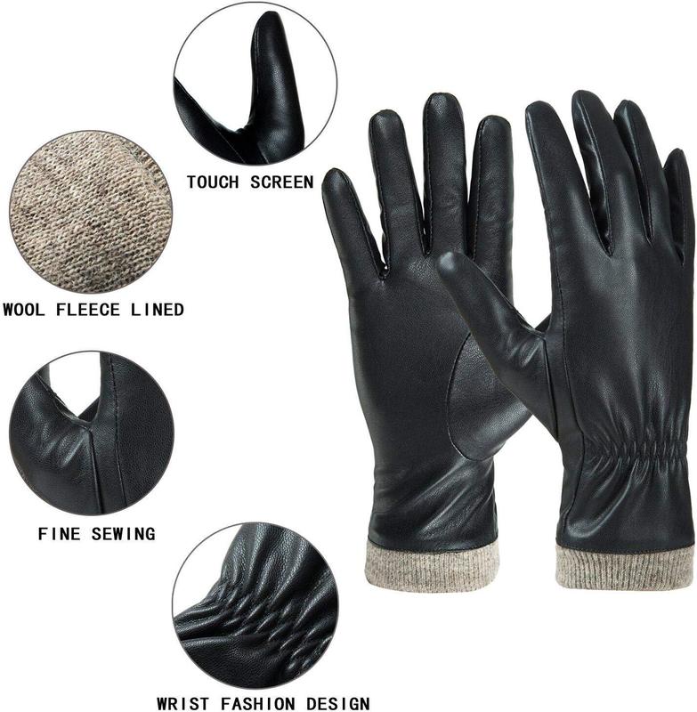 Winter Leather Gloves for Women, Wool Fleece Lined Warm Gloves, Touchscreen Texting Thick Thermal Snow Driving Gloves