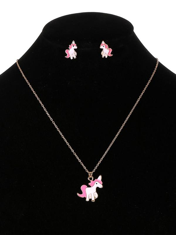 3pcs set Women's Cute Colorful Cartoon Jewelry Set, Trendy Unicorn Design Stud Earrings & Pendant Necklace, Gorgeous Jewelry Set As Birthday Gift for Girlfriend