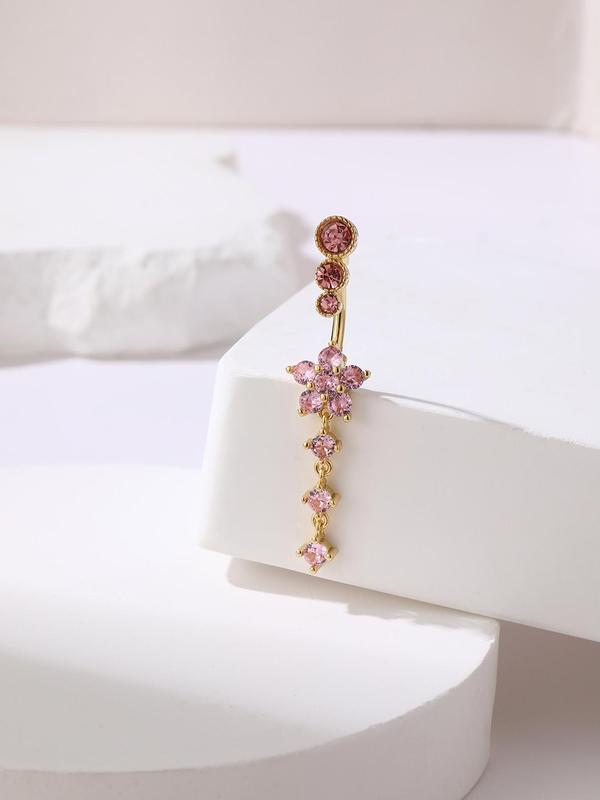 Flower Design Belly Ring, Elegant Rhinestone Decor Belly Piercing Jewelry for Women, Fashion Accessories for Party, Daily Clothing Decor