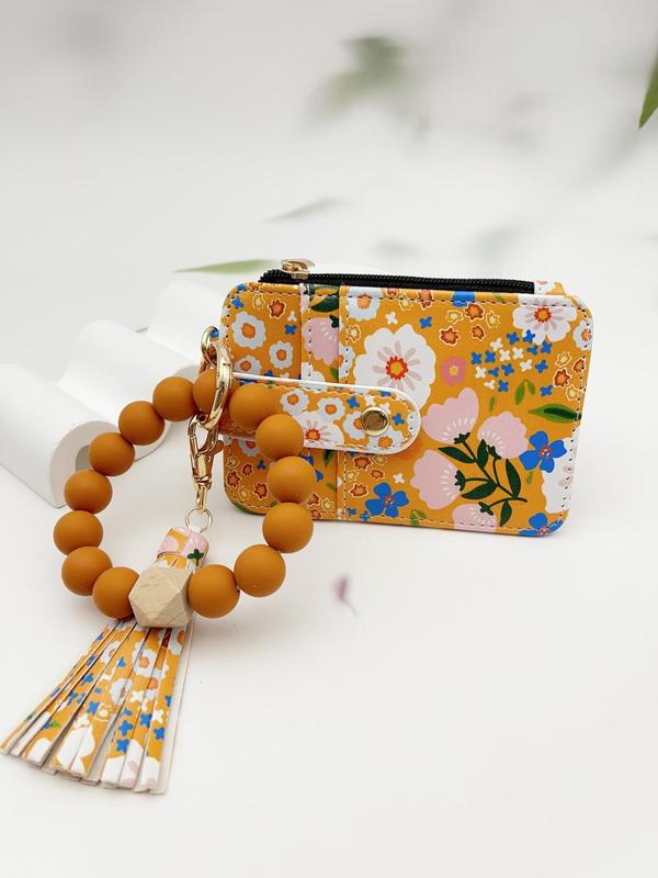 Women's Boho Style Beaded & Tassel Decorated Keychain with Flower Pattern Wallet, Cute Fall Trendy Keychain, Chic Gorgeous Keychain for Key & Bag Decor, Fall Outfits, Fall Freshness