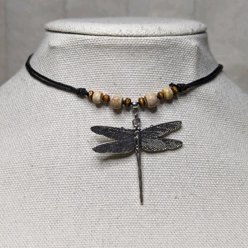 Ceramic Beaded Dragonfly Boho Hippie Whimsical Adjustable Black Rope Cord Choker Stacking Necklace