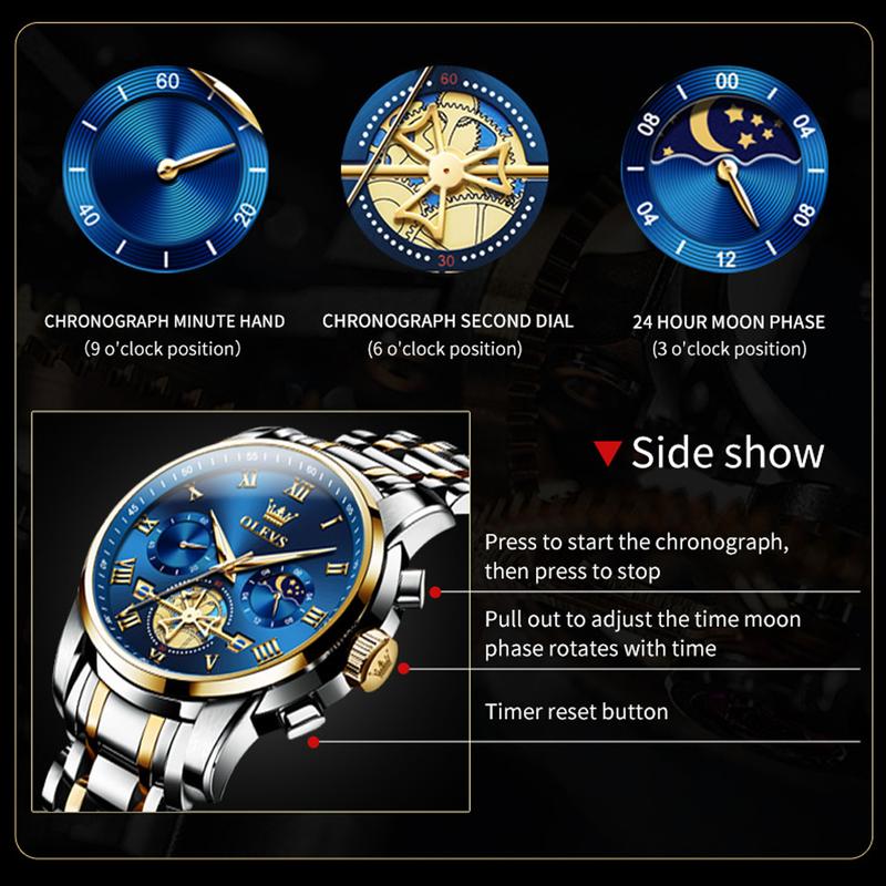 OLEVS Men's Chronograph Quartz Watch Stainless Steel Waterproof Luminous Date Wrist Watch Halloween Gift