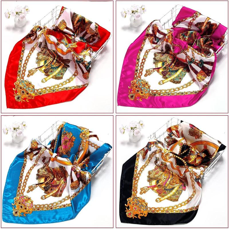 4 Pieces 35 Inch Satin Head Scarves Large Square Silky Feeling Headband Satin Boho Hair Bandanas for Women Girls