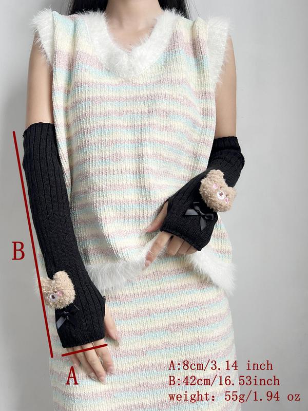 Cute Bear Patched Design Gloves, Women's Bow Decor Warm Gloves for Fall & Winter, Fashion Accessories for Women & Girls