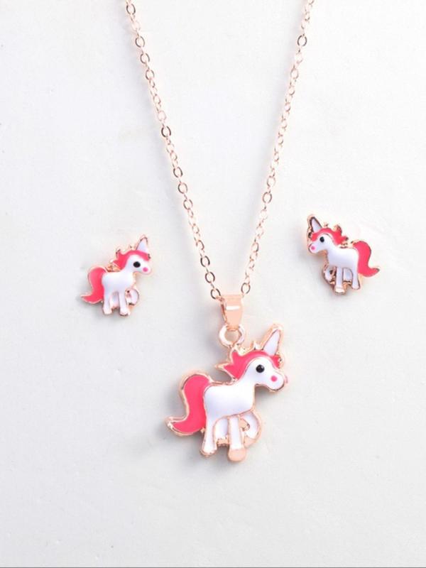 3pcs set Women's Cute Colorful Cartoon Jewelry Set, Trendy Unicorn Design Stud Earrings & Pendant Necklace, Gorgeous Jewelry Set As Birthday Gift for Girlfriend