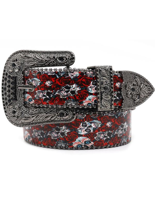 Fashion Rhinestone Decor Floral & Skull Pattern PU Buckle Belt, Punk Style Flower Design Belt for Men & Women, All-match Goth Accessories for Party, Daily Clothing Decor As Birthday Gift