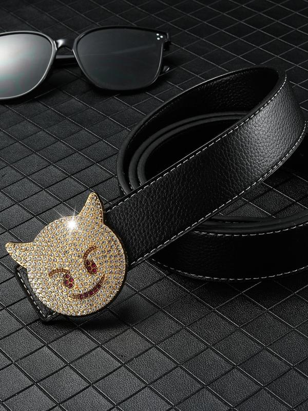 Men's Street Style Rhinestone Decorated PU Leather Belt, Cat Design Trendy Buckle Belt, Fashionable Clothes Accessories for Daily & Party Decoration