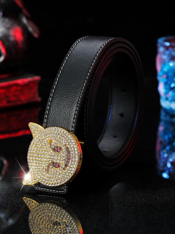 Men's Street Style Rhinestone Decorated PU Leather Belt, Cat Design Trendy Buckle Belt, Fashionable Clothes Accessories for Daily & Party Decoration