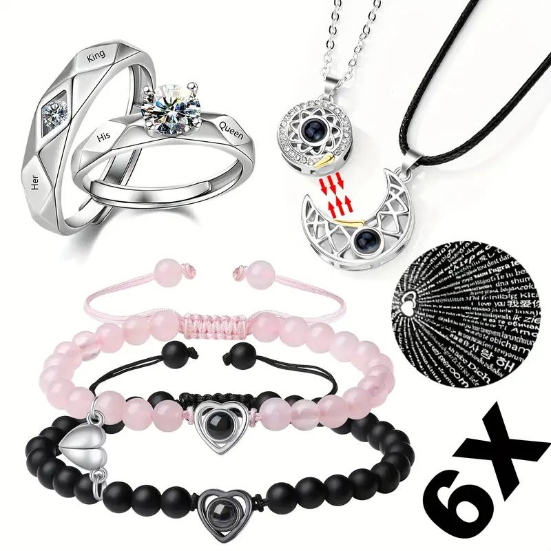 6 Pieces set I Love You 100 Languages Magnetic Heart-shaped Couple Bracelet, Couple Necklace And Promise Ring Set, Give Him And Her Love Heart-shaped Jewelry Gift