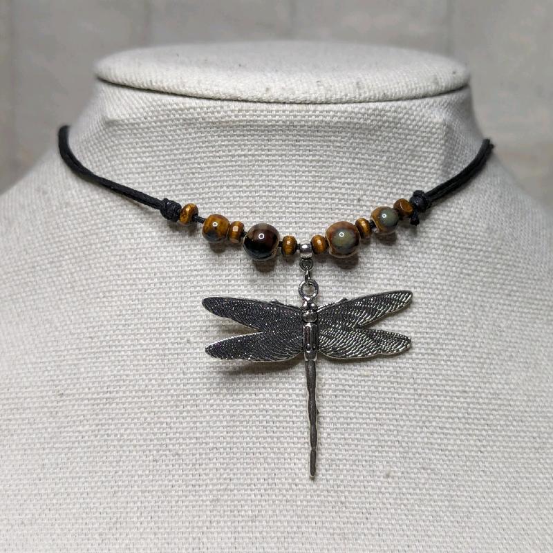 Ceramic Beaded Dragonfly Boho Hippie Whimsical Adjustable Black Rope Cord Choker Stacking Necklace