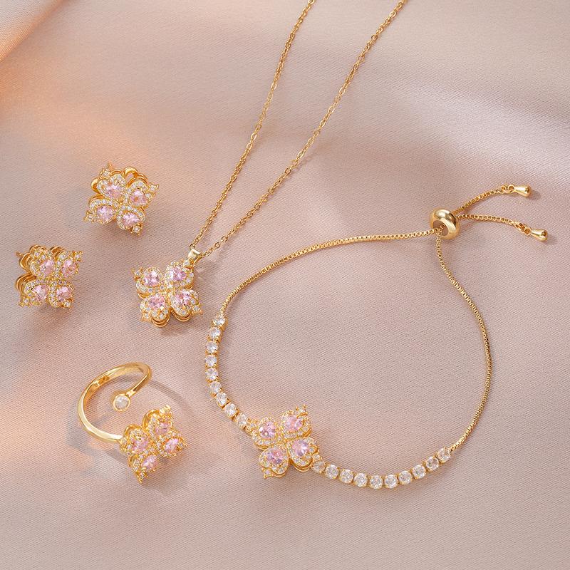 Jewelry Set, Necklace + Ring + Earrings + Bracelet, Women's Necklace, Pink Love Heart, Fashion Rotating Peach Heart Ring Bracelet Suit, Clavicle Chain