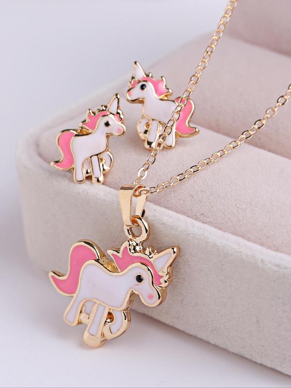 3pcs set Women's Cute Colorful Cartoon Jewelry Set, Trendy Unicorn Design Stud Earrings & Pendant Necklace, Gorgeous Jewelry Set As Birthday Gift for Girlfriend