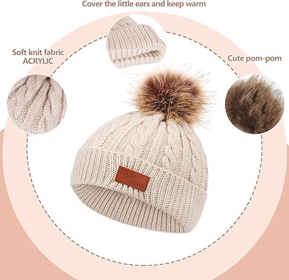 Winter Hats for women Festive winter knitted hat kit featuring pom - poms. This 3 - in - 1 warm set encompasses a thick hat, a cozy scarf, and touchscreen gloves. It's perfect for ladies during cold - day outings.