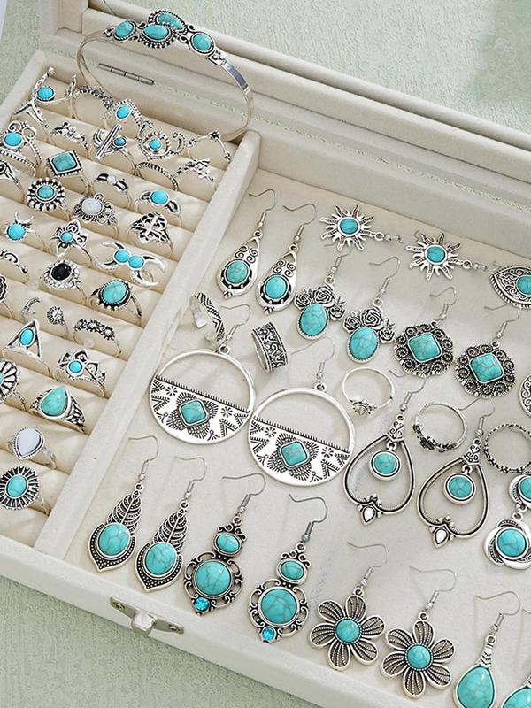 Boho Style Turquoise Decorated Jewelry Set, Vintage Style Jewelry Set Including Bracelet, Dangle Earrings, Ring, Fashion Accessories for Women