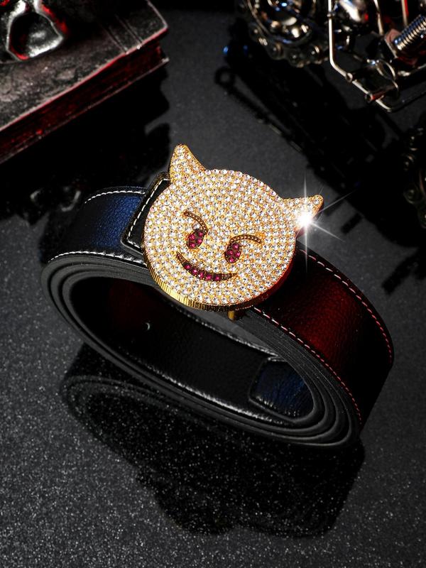 Men's Street Style Rhinestone Decorated PU Leather Belt, Cat Design Trendy Buckle Belt, Fashionable Clothes Accessories for Daily & Party Decoration