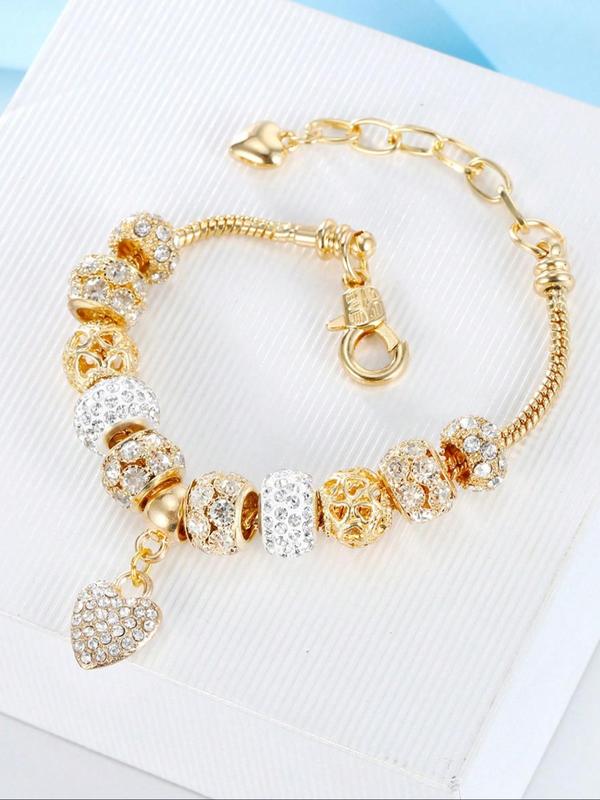 Rhinestone Decorated Heart Charm Bracelet, Elegant All-match Jewelry for Girls Gift, Female Classic Fashion Accessories for Daily Wear