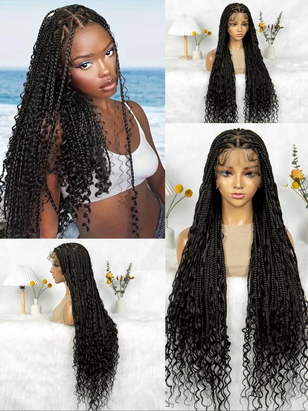 38 Inch Long Box Braids Curly Lace Wigs for Women, Gorgeous Fluffy Wigs with Baby Hair, Synthetic Braided Full Lace Wigs for Party, Daily Use